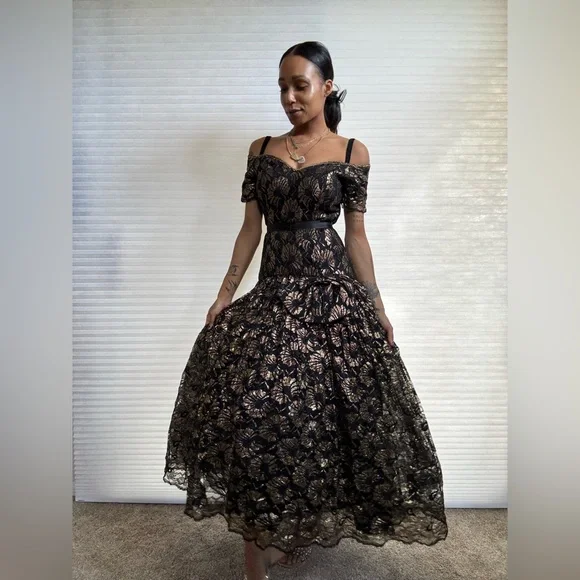 Vintage Saks Fifth Avenue “After Five” Gold & Black Lace Gown — Union Made - Picture 7 of 13